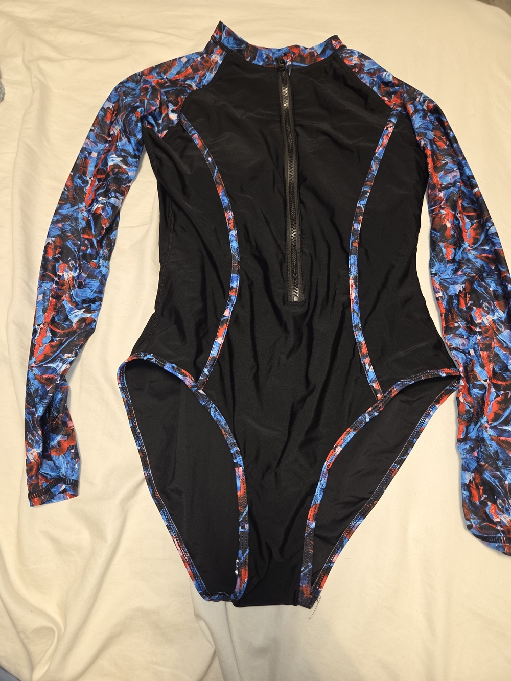 Black Long-Sleeve Girls One-Piece Swimsuit with Blue & Red Trim